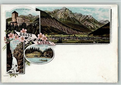 Lienz Gruss aus - Wasserfall, Schloss, Verlag Metz 4299 AK