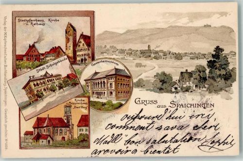 Spaichingen 1899 Stadtpfarrhaus Kirche Rathaus Städt. Schulgebäude Kirche am Messnerhaus Dreif. Berg Gewerbemuseum sign P. Schmohl