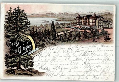 Tutzing Gruss aus Lithographie Hotel Simson - Starnberger Dampfschiffspost 1895