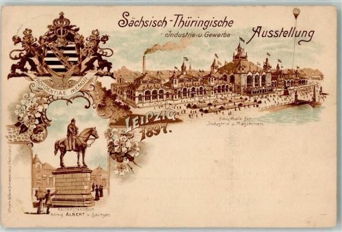 Leipzig Sächsisch-Thüringische Industrie- und Gewerbe-Ausstellung 1897 Haupthalle für Industrie und Maschinen Reiterstandbild König Albert v. Sachsen Wappen