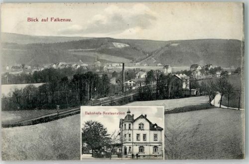 Falkenau 1913 Bahnhof-Gasthaus Bahnhof Bahnpost Dresden-Reichenbach Zg. 1004