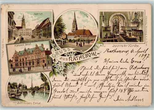 Rathenow 1897 Markt Kaiserl. Post Schleusen Kanal Kirche Inneres der Kirche