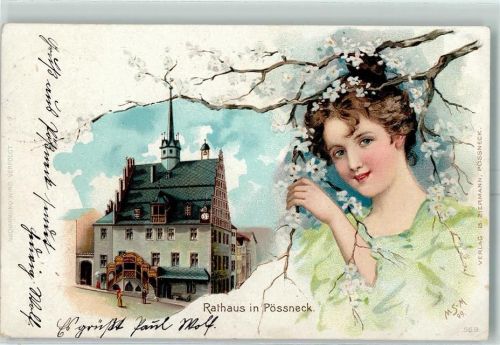 Pößneck Rathaus Frau mit Blütenzweig sign MS-M