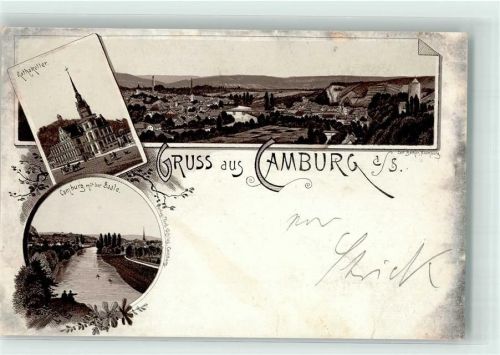 07774 O6903 Camburg 1891 Gebrauchsspuren Vorläufer Ratskeller Saale Bahnpost Saalburg- Zug 8 Lithographie # beschnitten