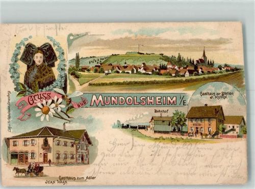 Mundolsheim 1900 Gasthaus Zur Station J. Kuhn Gasthaus Zum Adler Jean Haas Bahnhof Tracht Lithographie Beschnitten