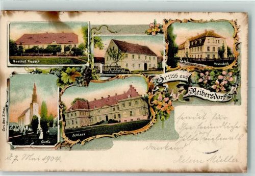 Reibersdorf 1904 Gasthof Posselt Kirche Schloss Hauboldstift Graf Einsiedel Geissler-Stiftung Bahn Bahnpost Eibau - Zittau Zug 855
