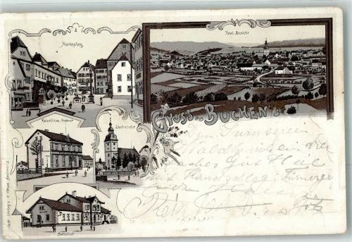 Buchen 1902 Marktplatz Kaiserl. Postamt Stadtkirche Bahnhof