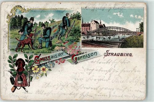 Straubing 1902 Garnison Hundestaffel Soldat Uniform Lithographie
