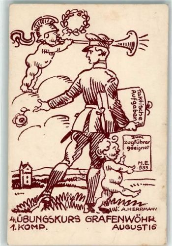 Grafenwöhr 4. Übungskurs Grafenwöhr 1. Komp. Soldat Putti Trompete sign. A. Hermann Militär