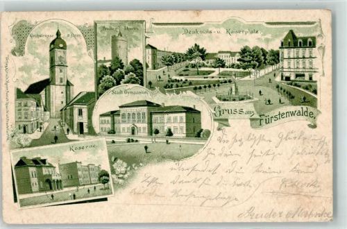 Fürstenwalde 1899 Kirchestraße Bullenturm Städt. Gymnasium Denkmals u. Kaiserplatz Kaserne Lithographie
