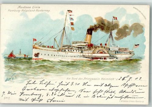 Nr. 17 Nordsee Linie Hamburg-Helgoland Seebäderschiff Prinzessin Heinrich Bohrdt, H. 1902 Lithographie / Künstlerkarte