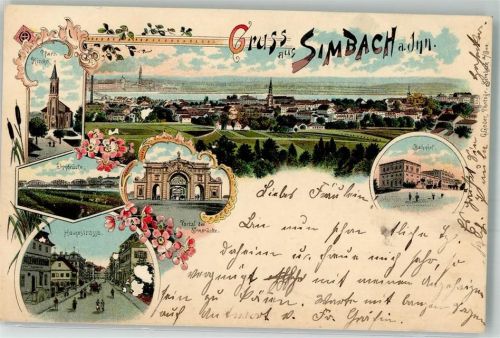 Simbach 1901 Lithographie Pfarrkirche Portal d. Innbrücke Bahnhof