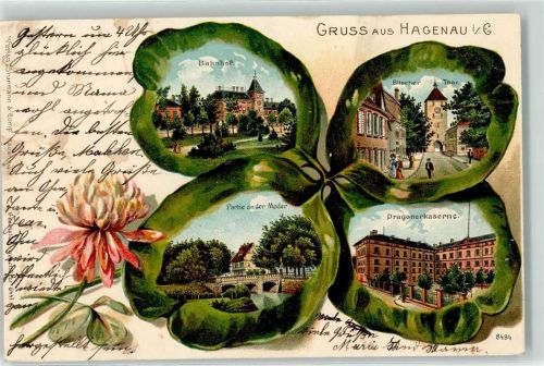 Haguenau 1903 Bahnhof Bitscher Tor an der Moder Dragonerkaserne Kleeblatt Lithographie