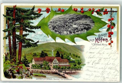 Höfen 1906 Gasthaus zum Ochsen Bahnpost K. Württ. 25.III.06 Zug 670