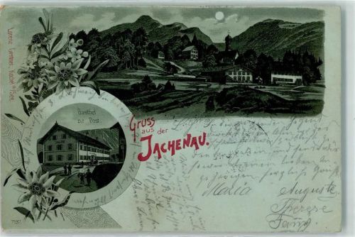 Jachenau 1899 Gasthaus zur Post Mond Gruss Blumen