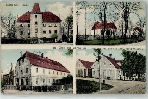 Sohra Schloss Frhr. v. Canitz Kirche mit Pfarrhaus Schule