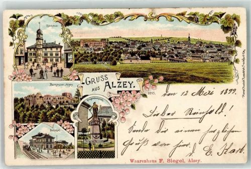Alzey Rathaus Burgruine Bahnhof Kriegerdenkmal Eisenbahn Blumen Kirche Gruss