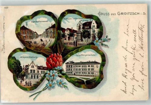 Groitzsch 1912 Blatt Bahnhofstraße Marktplatz Wieprechtsburg Neue Bürgerschule Lithographie