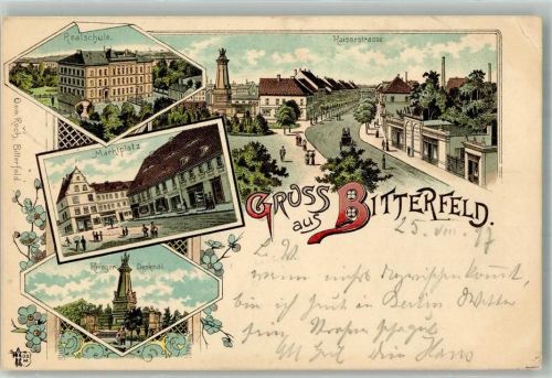 Bitterfeld 1897 Marktplatz Kriegerdenkmal Kaiserstrasse Lithographie
