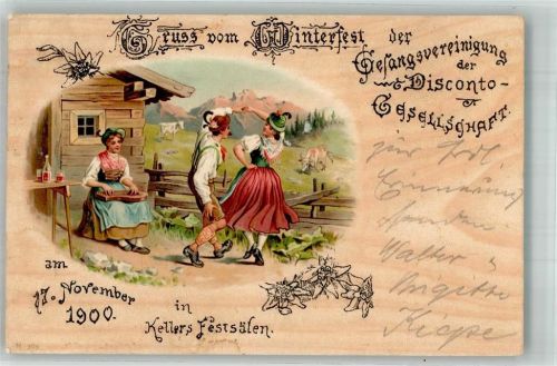Berlin Mitte 1900 Winterfest Verein Disconto-Gesellschaft Volkstanz Zither Tracht Holzbrand Imiitation