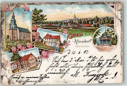 Allendorf 1902 Kirche Kleiine Knabenschule Mädchenschule Wallfahrtsort Forst Gruss Blumen Lithographie