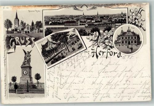 Herford 1898 Lithographie Schützenhof Kriegerdenkmal Post Münster-Kirche Bahnhof