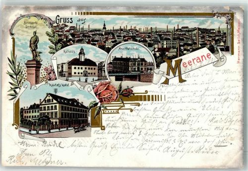 Meerane 1901 Rathaus Neue Webschule Bismarckdenkmal Litho