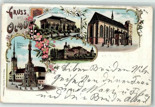 Olomouc 1901 Stadtpark Pavillon Rathaus Dreifaltigkeitssäule St. Mauritzkirche