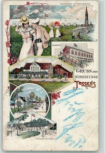 Tossens 1899 Badestrand Petersdenkmal Strandhalle Strandhof Dorfstraße Ulbrands Gasthaus Lithographie