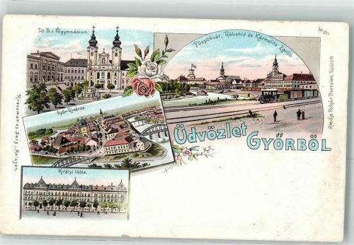 Raab Györ 1898 Lithographie Eisenbahn Szt. B. r. Fögymnasium