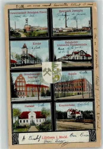Lübtheen Gewerkschaft Friedrich Franz Bergwerk Jessenitz Kirche Bahnhofstraße Alexandra Töchterschule Schule Grossherzogl. Seminar Postamt Krankenhaus Wappen