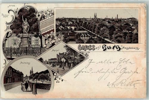 Burg 1897 Bahnpost Berlin Magdeburg Zug 42 12.11.97 Kriegerdenkmal Bahnhof Breiteweg