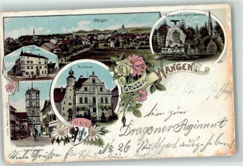 Wangen 1904 Oberamtei Rathaus Ravensburger Tor u. Kameralamt Kaiser u. Kriegerdenkmal Lithographie