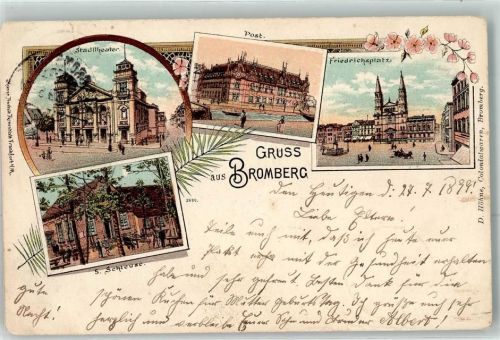 Bromberg Bydgoszcz 1899 Lithographie Stadttheater Post Friedrichsplatz 5. Schleuse