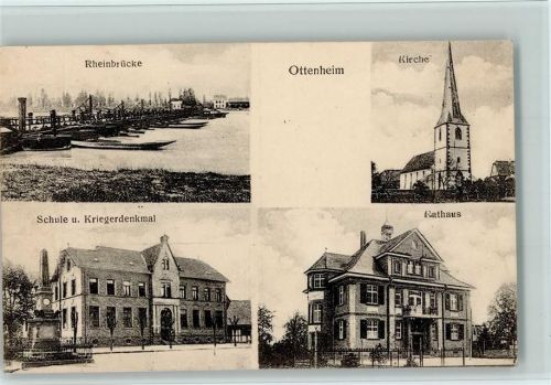 Ottenheim 1919 Kriegerdenkmal, Schule, Rheinbrücke, Rathaus, Kirche AK