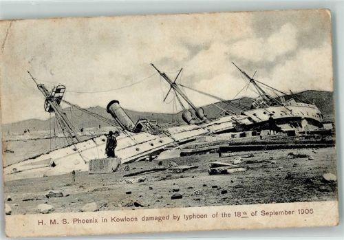Kowloon 1910 H.M.S. Phoenix durch einen Taifun beschädigt 18.Sept. 1906