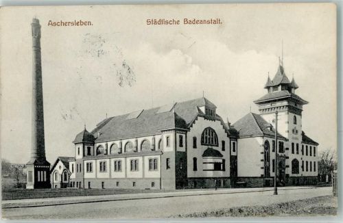 Aschersleben Städtische Badeanstalt Schornstein Bahnpost Hannover Leipzig Zug Nr. 131