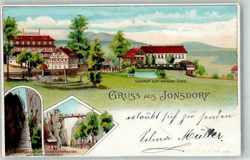 Kurort Jonsdorf 1903 Gasthaus zum weissen Stein Felsengasse Gesellschaftsplatz Nonnenfelsen Gruss Bahnpost Oybin Zittau Zug Nr. 2634