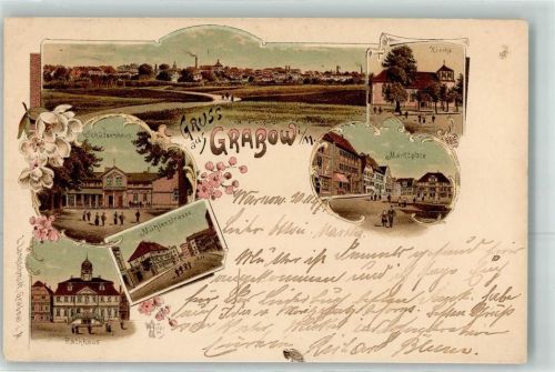 Grabow 1897 Schützenhaus Kirche Marktplatz Mühlenstraße Rathaus Gruss Blumen Fabrik