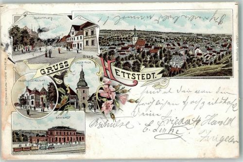 Hettstedt 1897 Marktplatz Kaiserliches Postamt Saiger Tor Bahnhof Eisenbahn Lok Kirche Blumen Gruss Lithographie