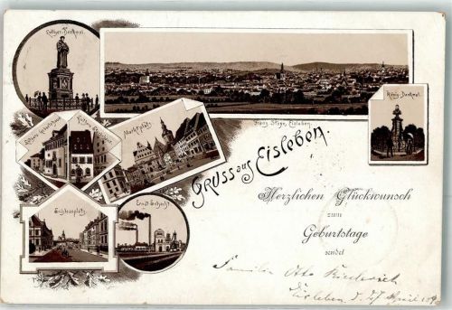 Lutherstadt Eisleben 1896 Luther Denkmal Marktplatz Luther Geburts u. Sterbehaus Schlossplatz Ernst Schacht Lithographie