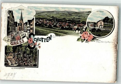 Schotten Bahnhof Altenburgskopf Kirche Lithographie