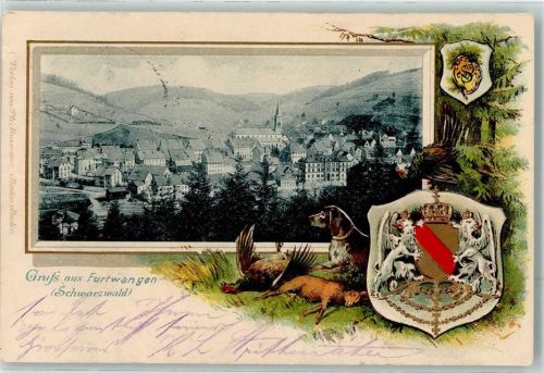 Furtwangen 1900 Jagdhund Fasan Hase Auerhahn Wappen Bahnpost Donaueschingen-Furtwangen Zg. 7