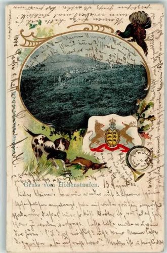 Hohenstaufen 1902 Hund Auerhahn Hase Jagd Horn Wappen