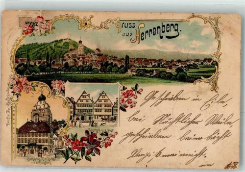Herrenberg 1900 Gasthaus zur Post Rathaus m. Kirche Lithographie