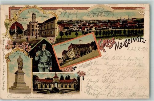 Meuselwitz 1899 Rathaus Stadthaus Kriegerdenkmal Kaiser Wilhelm-Denkmal Schloss Orangerie im Schlossgarten Bahnpost Weissenfels - Zeitz Zug 330