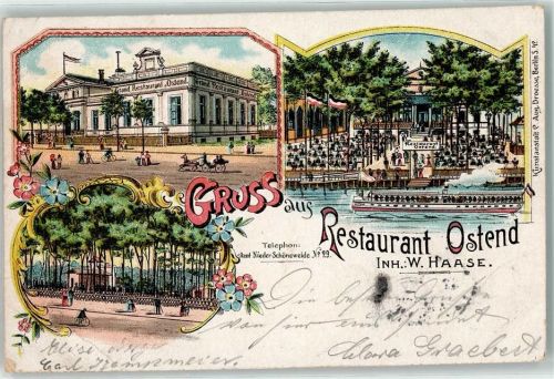 Niederschöneweide 1900 Gasthaus Ostend Spree-Dampfer Lithographie