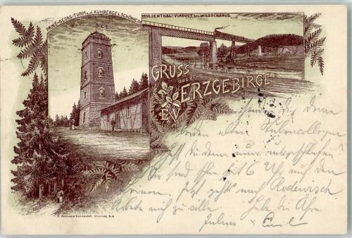 Schönheide 1896 Muldental-Viadukt Prinz Georg-Turm Lithographie