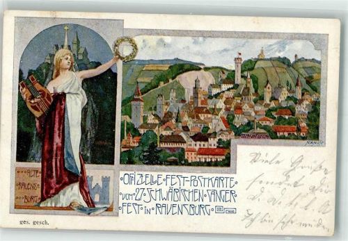 Ravensburg 1904 27. Schwäb. Sängerfest 1904 Lyraspielerin sign. Fecht