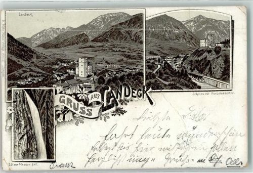 Landeck 1896 Lötzer Wasserfall Schloss m. Parseierspitze Lithographie